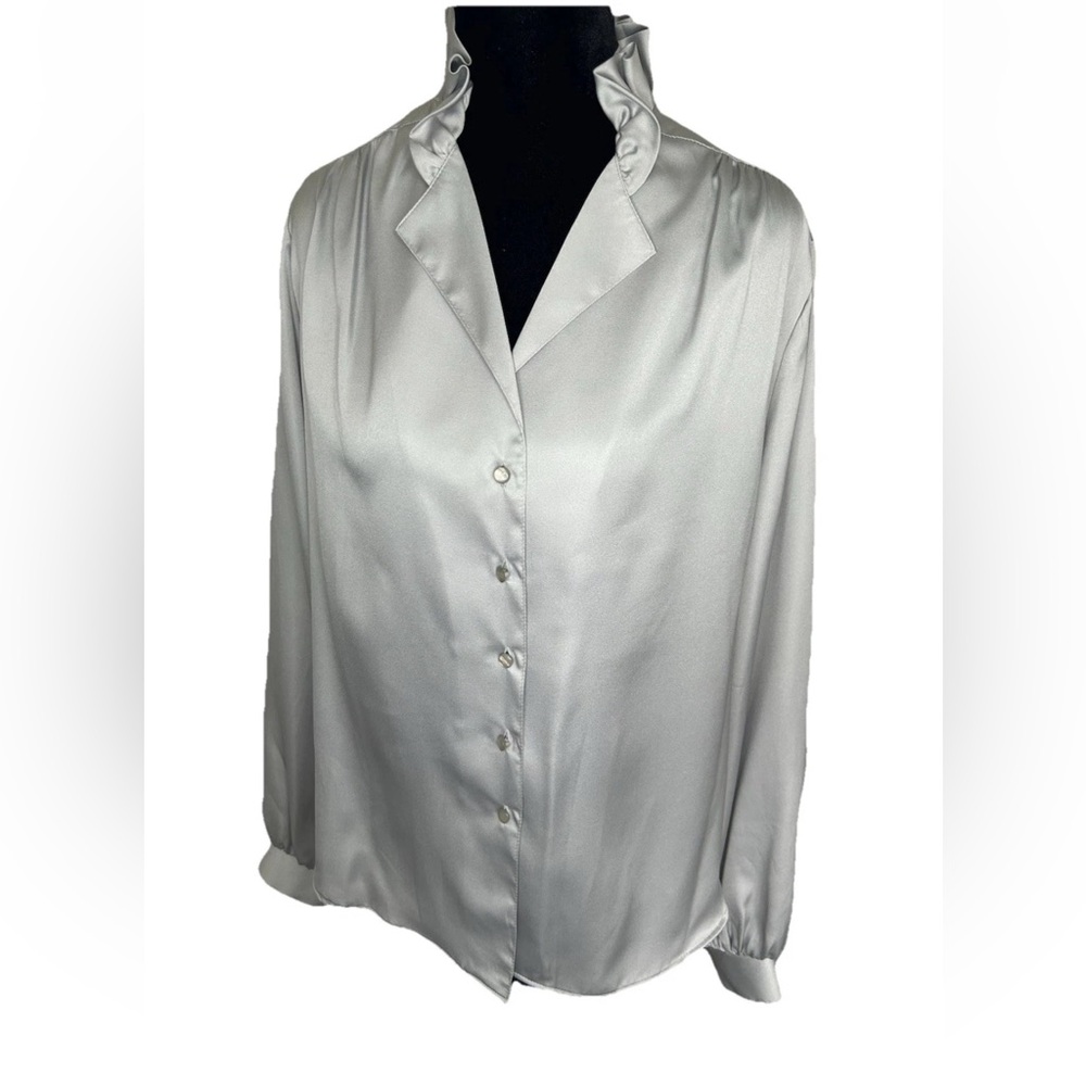 Salem USA Junior size 15/16 gray satin style ruffle neck blouse career 80/90s‎